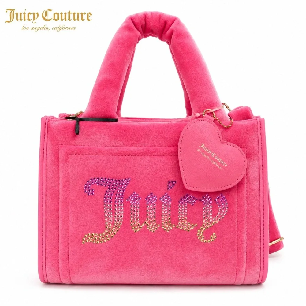 NEW Juicy Couture Pink‎ Velour Rhinestone Logo Tote Crossbody Bag NWT
